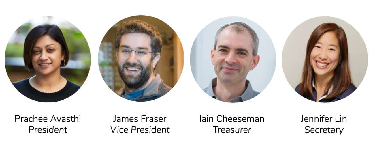 Four people in circular frames: the first person is labeled Prachee Avasthi, President; the second person is James Fraser, Vice President; the third person is Iain Cheeseman, Treasurer; the fourth person is Jennifer Lin, Secretary.