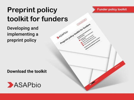 An image of a document titled Preprint policy toolkit for funders by ASAPbio. The document is angled on a light gray background. Text reads: Developing and implementing a preprint policy and Download the toolkit. A red label says Funder policy toolkit.