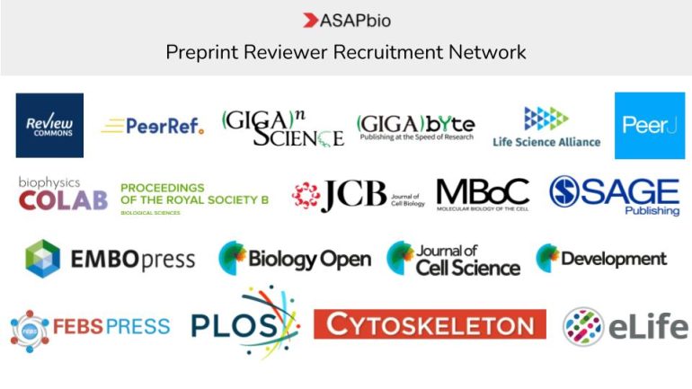 Logos of various scientific publishing and review organizations including Review Commons, PeerRef, GigaScience, GigaByte, Life Science Alliance, PeerJ, Biophysics Colab, JCB, and more, under the title Preprint Reviewer Recruitment Network.