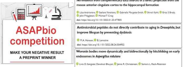 A collage with two sections. Left: ASAPbio competition poster encouraging the submission of negative results as preprints. Right: Titles of scientific articles on brain projections, antimicrobial peptides, and Woronin bodies in various organisms.