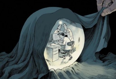 A large hand lifts a dark cloth revealing a scene with a person at a desk using a computer, with two figures standing behind. The scene is bright against the dark background, suggesting discovery or exposure.