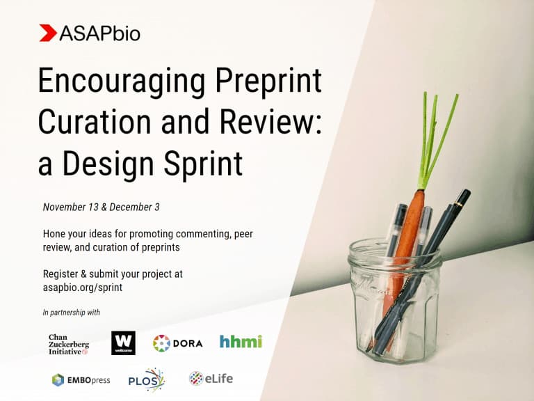 Advertisement for ASAPbios design sprint event on preprint curation and review, featuring a jar with colorful pens. Event dates: November 13 and December 3. Includes logos of partner organizations.