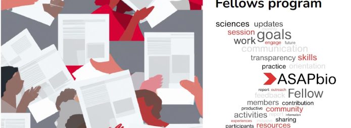 Illustration of people reading papers, surrounded by a cloud of words related to the 2023 ASAPbio Fellows program. Prominent words include goals, skills, communication, transparency, activities, and outreach.