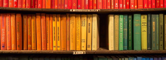 Books arranged by color on shelves from top to bottom, transitioning from red, orange, yellow, green to blue, creating a rainbow effect. A small sign reads Decorative Books. A price tag shows $19.00.