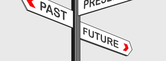 A signpost with three arrows pointing in different directions labeled Past, Present, and Future. Below them, a rectangular sign labeled Preprints with a document icon. The arrows have red tips.