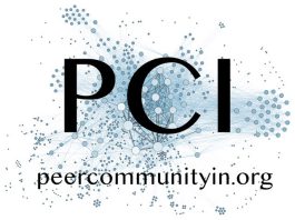 The image features the large letters PCI at the center, with peercommunityin.org below. In the background, there is a network of interconnected blue dots of varying sizes.