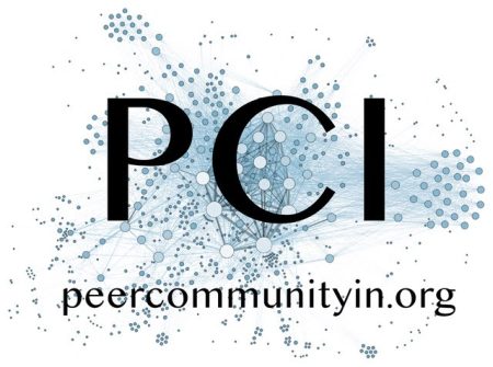 The image features the large letters PCI at the center, with peercommunityin.org below. In the background, there is a network of interconnected blue dots of varying sizes.