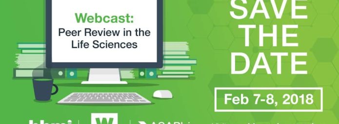 A green and white graphic with text Webcast: Peer Review in the Life Sciences, Save the Date Feb 7-8, 2018, and logos for hhmi, Wellcome, and ASAPbio. A computer monitor and stack of books are illustrated behind the text.