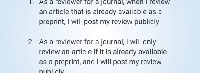 Text on a light blue background describes two commitments for journal reviewers. One: Review articles already available as preprints and share reviews publicly. Two: Only review preprinted articles and share reviews publicly.
