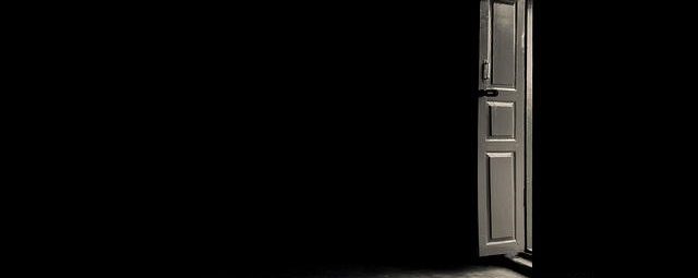 A dimly lit room with a single wooden door slightly ajar. Light seeps through the opening, casting a narrow beam on the floor. The surrounding area remains in shadow, creating a contrast between the illuminated doorway and dark interior.