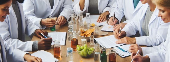 Scientists sat around a table reviewing preprints with snacks inlcuding apples