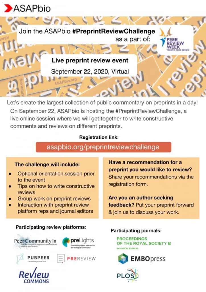 Flyer for the ASAPbio #PreprintReviewChallenge. Event on September 22, 2020, virtual. Invites participation in live online reviews of preprints. Features logos of sponsors like Peer Community In, PREreview, and more. Registration link included.