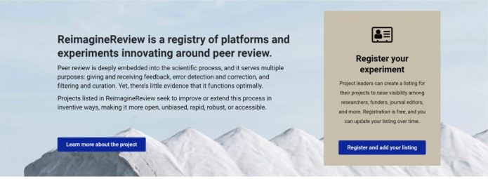 Screenshot of the ReimagineReview website. It describes the platform as a registry for peer review experiments. A call to action invites users to add listings. The header includes links to about, glossary, calendar, and blog sections.