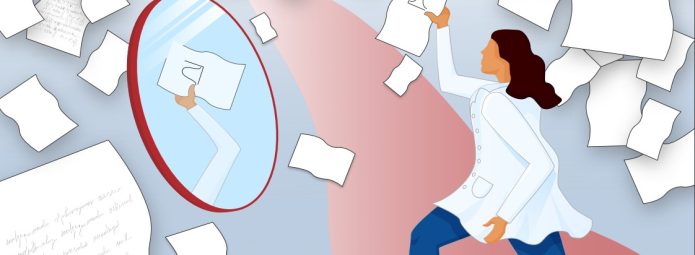 A person in a lab coat runs energetically towards a mirror, holding up a sheet of paper with a graph. Papers with writing and diagrams fill the background, creating a dynamic and busy atmosphere.