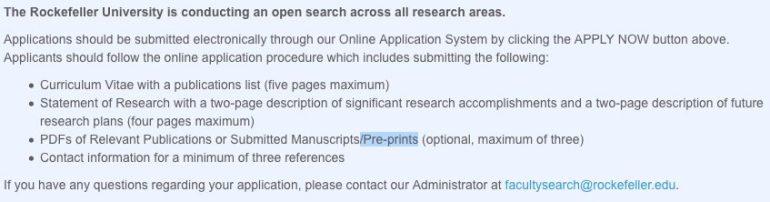 Guidelines for submitting applications to Rockefeller University, including documents like CV, statement of research, manuscripts, and references. Contact email provided for questions.