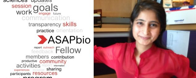 A woman in a red top smiles at the camera. To her left is a word cloud with terms like ASAPbio, goals, communication, transparency, skills, and resources.