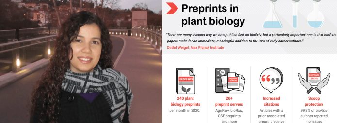 A person in a scarf and coat smiles outdoors on the left. On the right, theres a Preprints in plant biology infographic, highlighting benefits like increased citations, scoop protection, and numerous plant biology preprint servers.