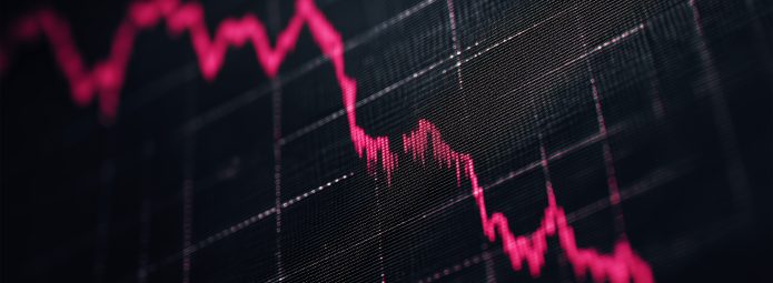Black background with stylized red stock line trending down