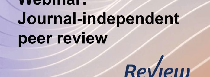 Text reading Webinar: Journal-independent peer review with Review Commons logo on a background of curved lines and a gradient from beige to gray.