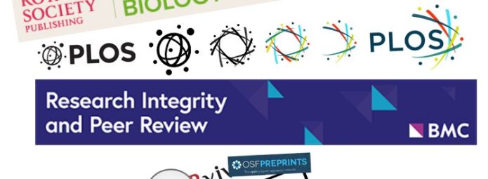 Logos of various scientific journals and platforms: The Royal Society Open Biology, PLOS, BMC Research Integrity and Peer Review, bioRxiv, OSF Preprints, ChemRxiv, SocArXiv, and arXiv.org.