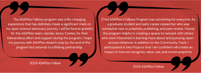 Two speech bubbles with red backgrounds feature testimonials from 2024 ASAPbio Fellows. The left bubble describes the program as life-changing with supportive peers and mentors. The right bubble highlights the programs inclusivity and impact through new projects.