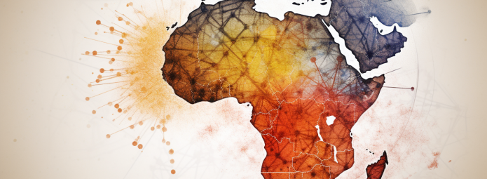 Artistic map of Africa with vibrant colors, depicting abstract network lines and nodes across the continent. The background is a light, textured canvas, adding depth to the design.