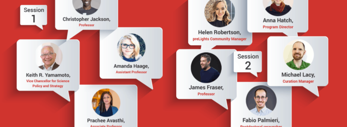 A graphic with two speaker sessions on a red background. Session 1: Keith Yamamoto, Christopher Jackson, Amanda Haage, Prachee Avasthi. Session 2: James Fraser, Helen Robertson, Fabio Palmieri, Anna Hatch, Michael Lacy. Text bubbles containing titles.