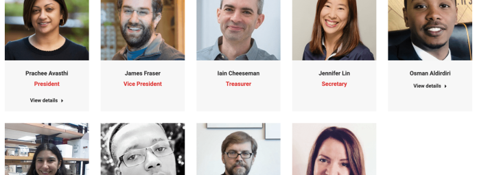 A collage of eight headshots featuring the board of directors, each labeled with their name and title: President, Vice President, Treasurer, Secretary, and other members. They are in office or casual settings.