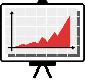 An upward-trending line graph with a red area chart, featuring a black x-axis and y-axis on a grid background. The graph has a sharp increase towards the end.
