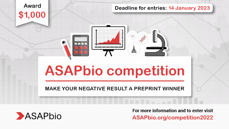 An announcement for the ASAPbio competition with a $1,000 award. Features science-themed icons like a flask, bar chart, and microscope. Deadline for entries is January 14, 2023. Visit ASAPbio.org/competition2022 for details.