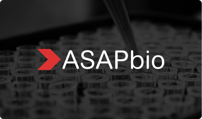 A logo with the word ASAPbio appears over a background of clear lab test tubes. A red arrow points to the left before the word.