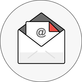 Icon of an open white envelope with a letter inside. The letter features an @ symbol in the center and has a red corner, suggesting email communication. The envelope is set against a gray circular background.