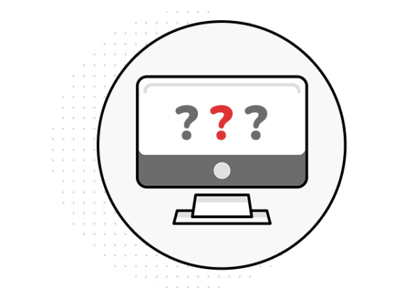 Illustration of a computer monitor displaying three question marks, with the middle one in red and the others in gray. The monitor is set against a circular background with a dotted pattern.