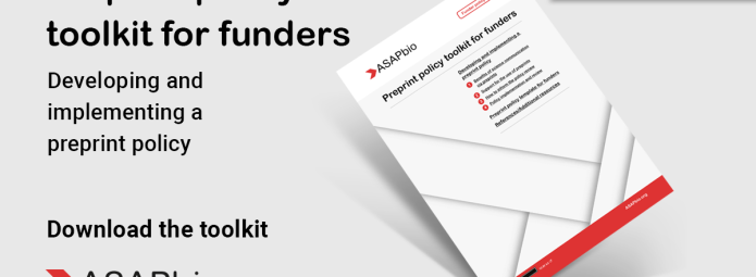 Promotional image for ASAPbios Preprint policy toolkit for funders featuring a brochure cover with text about developing and implementing a preprint policy. It includes a red Download the toolkit button and ASAPbios logo.