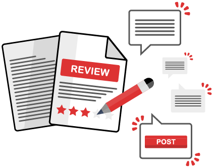 Illustration of two papers, one labeled Review with stars, a red pencil, and speech bubbles labeled Post. Red icon accents suggest interaction and evaluation.