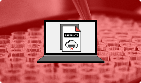 Illustration of a laptop displaying a preprints icon with a document and cloud symbol. The background shows a red-tinted image of laboratory test tubes with a pipette.