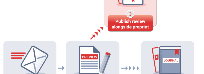 Workflow for publish your reviews. After getting an invitation to review (1) & writing your review (2), publish review alongside preprint (3) and add journal recommendation and submit review to journal (4)