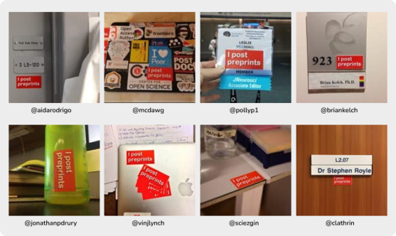 Collage of eight images showing various academic spaces featuring red I post preprints stickers on doors, notebooks, laptops, and other surfaces, with usernames displayed by each image.