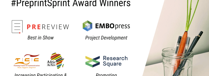 A graphic showing #PreprintSprint Award Winners. Logos and captions for PREreview, EMBOpress, TCC Africa, and Research Square highlight their awards: Best in Show, Project Development, Increasing Participation & Peoples Choice, and Promoting Constructiveness.