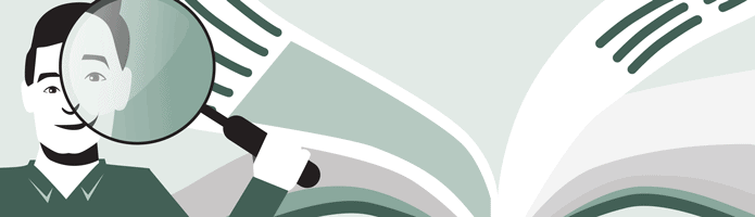 Illustration of a person holding a magnifying glass, focusing on their eye. The background features large, stylized pages of a book with green and gray colors.