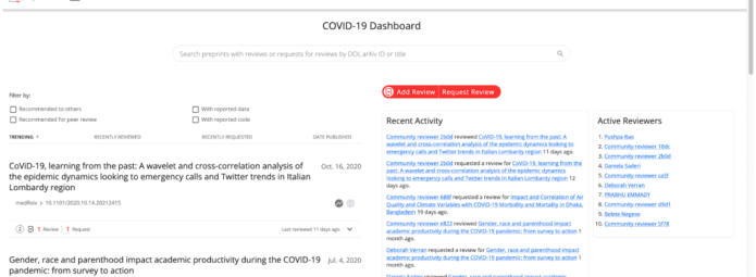 Dashboard of the Outbreak Science Rapid PREreview platform. It shows recent activities, a search bar, and a list of active reviewers. Red accents highlight buttons and headers. The interface is designed for COVID-19 research requests and reviews.