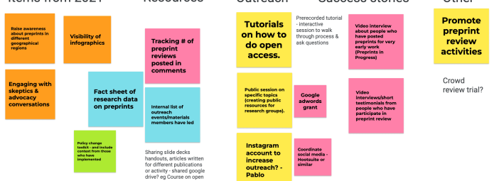 A multi-colored sticky note board titled What activities should the group work on in 2022? with categories like Items from 2021, Resources, Outreach, Success Stories, and Other. Notes include topics such as reviews, advocacy, open access, and Instagram outreach.