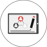 Icon of a digital tablet displaying a pencil and a diagram of three connected user icons in red, black, and white. The background is white and circular, emphasizing digital networking and communication.