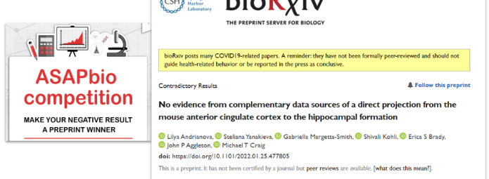 An announcement for the ASAPbio competition encouraging sharing of negative research results. Beside it, a screenshot from bioRxiv mentioning a COVID-19 disclaimer and a study on data sources related to brain function.