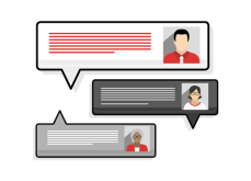 Illustration of three chat bubbles with red and gray backgrounds. Each bubble contains a profile image of a person: one with short black hair, one with glasses, and one with white hair and glasses. Text lines are visible in the bubbles.