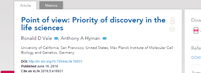 Screenshot of an eLife journal article titled Point of view: Priority of discovery in the life sciences by Ronald D. Vale and Anthony A. Hyman. It includes author affiliations, publication date, and the abstracts first sentence.