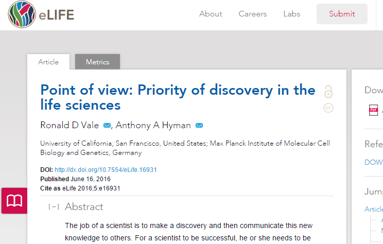 Vale & Hyman publish eLife article on preprints & priority