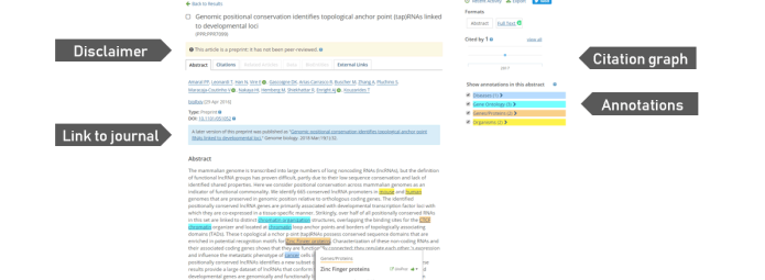Screenshot of a Europe PMC article page on genomic positional conservation. Features a disclaimer, link to the journal, citation graph, and annotations. Search bar and tabs for different sections are visible at the top.