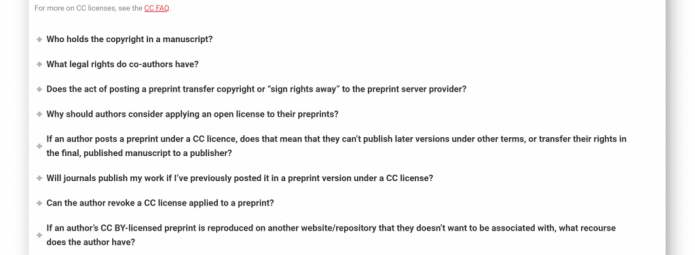 Screenshot of the ASAPbio website displaying a section titled Copyright and CC license basics. It contains a list of FAQs related to copyright, posting rights, preprints, and Creative Commons licenses.