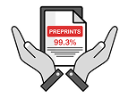 Illustration of two hands holding a document labeled PREPRINTS 99.3%. The hands are positioned symmetrically, and the document contains multiple lines of text. The background is black, highlighting the document and hands.